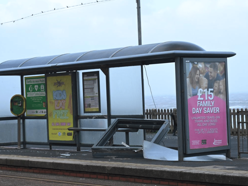 A tramway shelter was damaged by the winds, with a pane of glass blown off. 