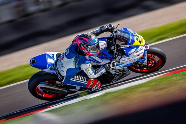 Cameron Dawson on the Powerslide Suzuki on his way to finishing third in the British Sportsbike Championship at the weekend.