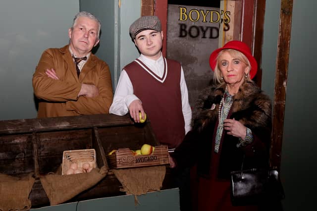 Rehearsing for the Omagh Players production of 'Boyd's Shop' are Trevor King as 'Andrew Boyd' Jack Gallagher as 'Andy' and Veronica McAfee as 'Miss McClure'. AN446526