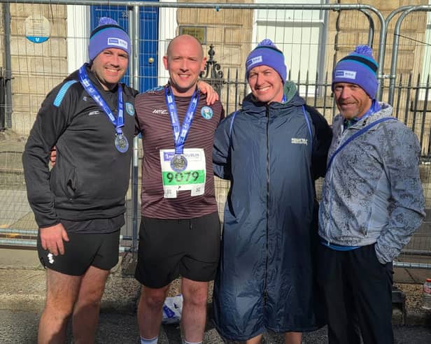 Strabane Triathlon Club members who completed the Dublin Marathon, David Arbuckle, Andy Devine, Charles Breslin and Gerard Coyle.