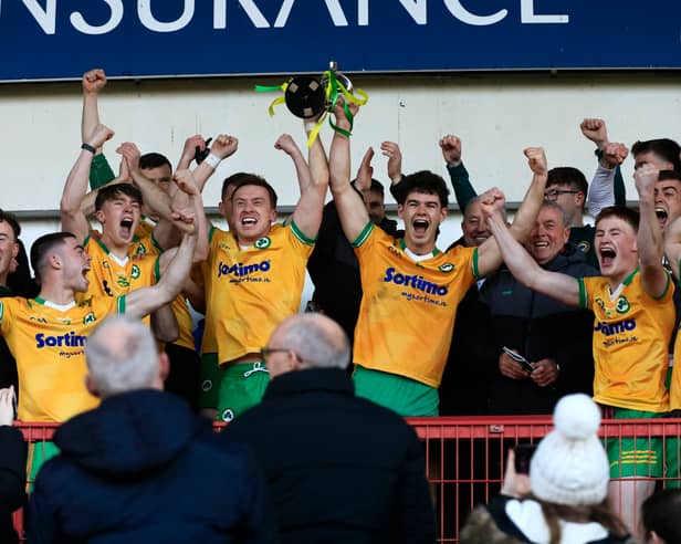 Desertmartin’s players celebrate their victory against Greenlough in the McFeely Group Derry Club Intermediate Championship final held in Celtic Park, on Sunday.