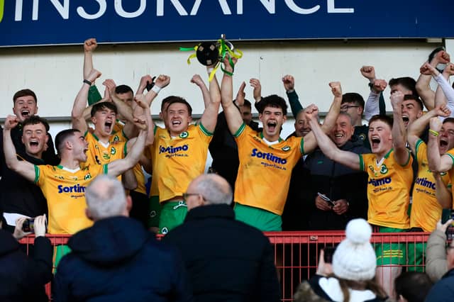 Desertmartin’s players celebrate their victory against Greenlough in the McFeely Group Derry Club Intermediate Championship final held in Celtic Park, on Sunday.