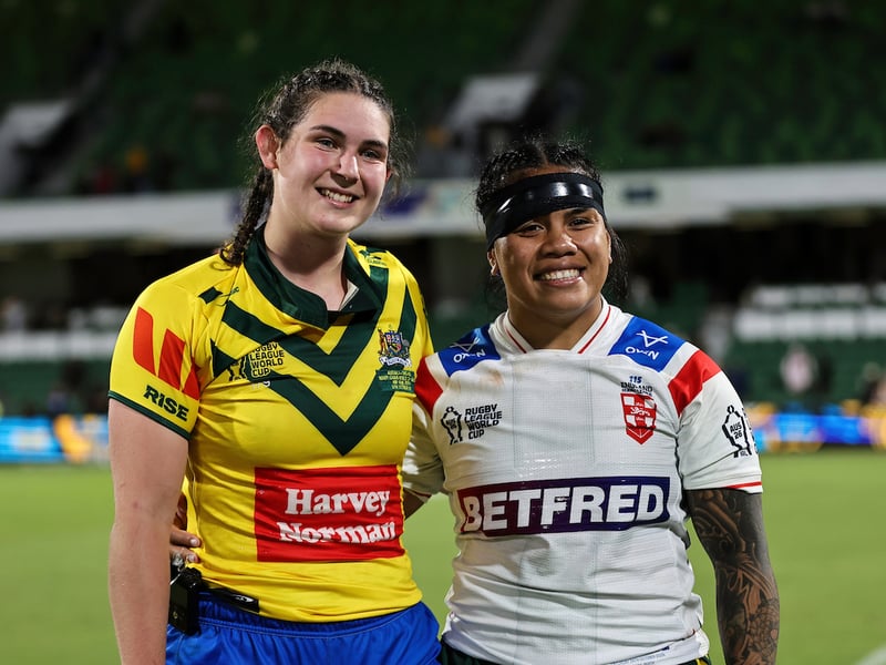 England's Meg Williams (left) and Australia's Sarah Togatuki (right) swap shirts at the end of the game