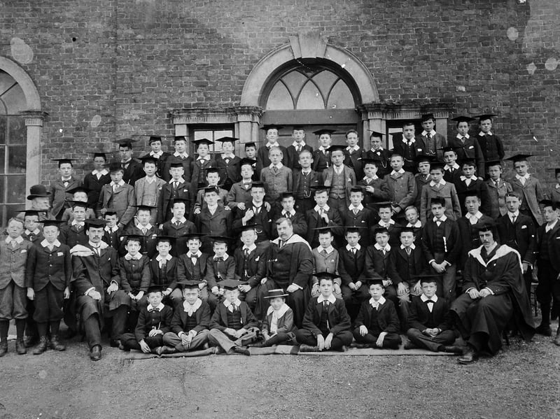 Wem Grammar School, Easter 1900, so at the very end of the Victorian era. The headmaster at the time was J. Ohm. This photo came from Keith Reynolds, of Kinnerley, near Oswestry. His grandfather William Victor Reynolds will be on this photo, but he was not sure which one he was. He was born in 1888 at Acton Burnell.