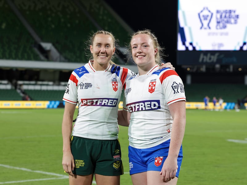 Australia's Tamika Upton (left) and England's Lucie Sams (right) at the end of the game