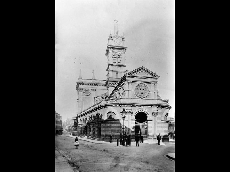 Shrewsbury market hall, built in the late 1860s, and demolished and replaced in the early 1960s. This picture came from veteran Shrewsbury photographer, the late Bernard Cross. The photographer who took the picture seems to have had an early start. The market hall clock gives the time as 6.55 and if that is correct it must be 6.55am as we are looking at the eastern end of the building and, from the shadows, the sun is behind us.