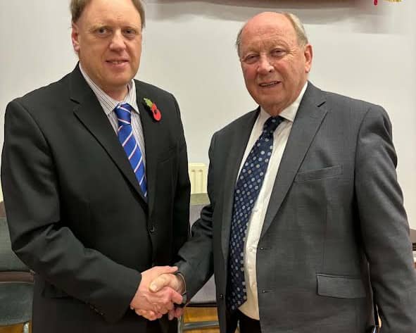 TUV leader, Jim Allister MP, right, congratulates the party's candidate, Stevan Patterson, on his selection to contest the West Tyrone constituency in the 2027 Assembly election.  SU5044CD26
