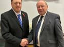 TUV leader, Jim Allister MP, right, congratulates the party's candidate, Stevan Patterson, on his selection to contest the West Tyrone constituency in the 2027 Assembly election.  SU5044CD26