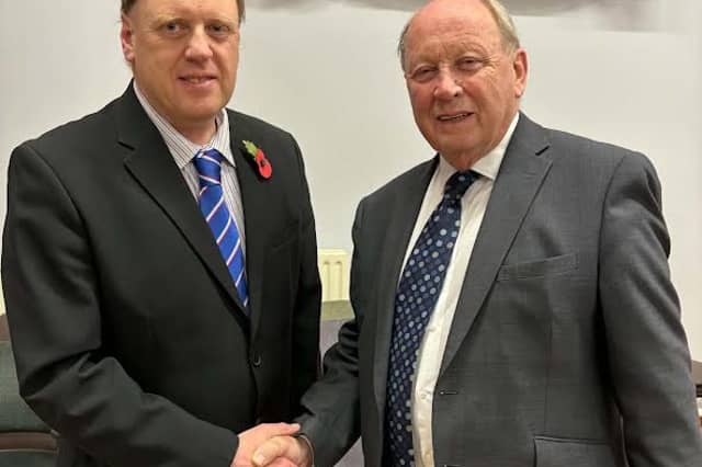 TUV leader, Jim Allister MP, right, congratulates the party's candidate, Stevan Patterson, on his selection to contest the West Tyrone constituency in the 2027 Assembly election. SU5044CD26