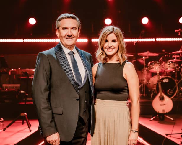 Omagh’s Donna Taggart on stage with Daniel O'Donnell during recording at the Millennium Forum in Derry, for the new series of 'Opry le Daniel', which begins tomorrow, Thursday, October 29, on TG4 at 10.30pm. Donna will appear on the show on November 26. SU4144CD26