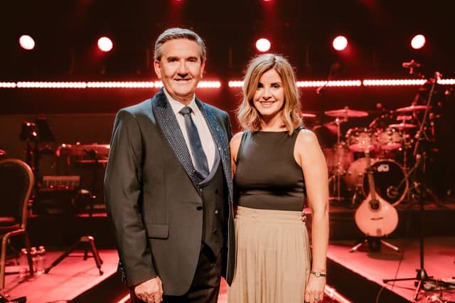 Omagh’s Donna Taggart on stage with Daniel O'Donnell during recording at the Millennium Forum in Derry, for the new series of 'Opry le Daniel', which begins tomorrow, Thursday, October 29, on TG4 at 10.30pm. Donna will appear on the show on November 26. SU4144CD26