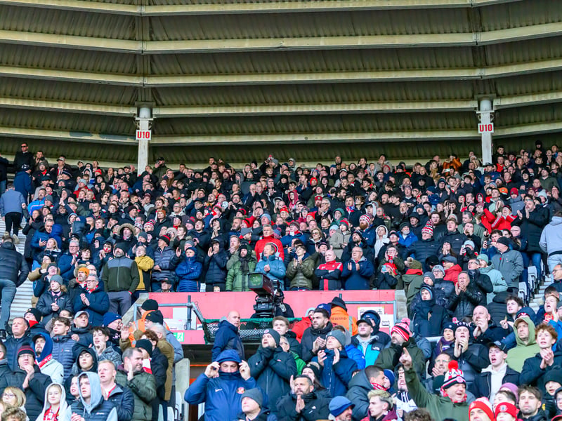 Sunderland fans in action at the Stadium of Light during the Premier League game against Leeds United. Photo by Chris Fryatt.