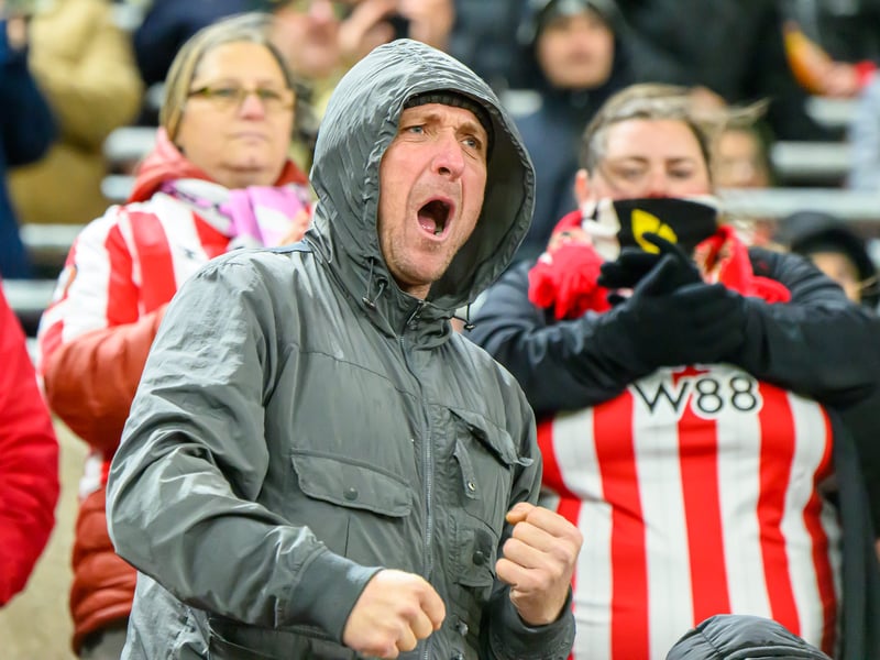 Sunderland fans in action at the Stadium of Light during the Premier League game against Leeds United. Photo by Chris Fryatt.