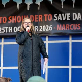 NEWRY mother Sinead Cole speaks at the Public Rally. Pictures: Noel Moan.