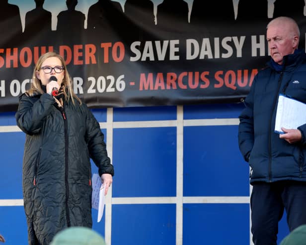 NEWRY mother Sinead Cole speaks at the Public Rally. Pictures: Noel Moan.