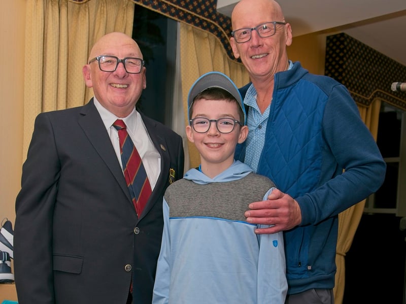 Castlewarden Golf Club youngest golfer, Senan Doherty (12) pictured with his dad John and Club Captain 2026 Tom Morris-Gormley at  the Captain’s Prize 2026 presentation night, Saturday, October 17