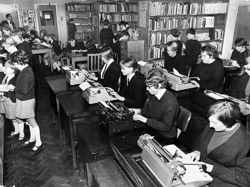 The secondary modern school became a comprehensive in 1965, and was named Phoenix School to mark the rebirth. This photo is from December 1968. The caption read: "Phoenix Comprehensive School at Dawley is so overcrowded that commercial class pupils have to share the library. There are other cramped conditions in the school."