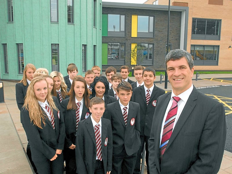 With the old school closed forever in July 2013, students started at the new Phoenix Academy, built on the site of Paddock Mount near Dawley centre, in September 2013. Here are some of them with the principal, Neil Stonehouse. The school would controversially change its name in 2015 to Telford Langley School.