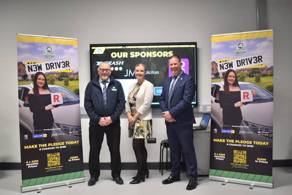 Davy Jackson, Chair of Road Safe NI Charity, Paula Mahoney, Marketing Director at CRASH Services, and Stevie Dickson, Presenter.