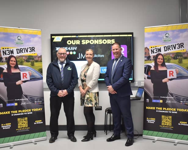 Davy Jackson, Chair of Road Safe NI Charity, Paula Mahoney, Marketing Director at CRASH Services, and Stevie Dickson, Presenter.