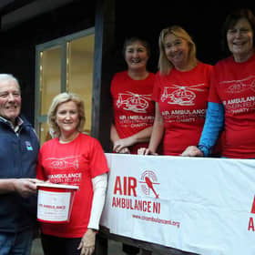 Ready to go... From left: Robert Fyffe, Iris Wallace, Sylvia Thompson, Carole Harpur, and Alison  Hemphill from Gillygooley Youth and Community Development Association members before the walk. IB0242CD26