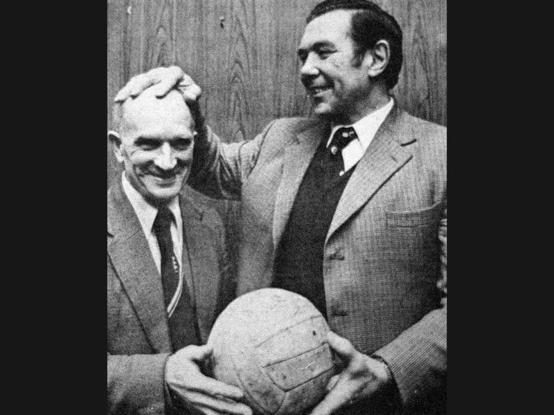 All-time goalscoring hero Arthur Rowley of Shrewsbury Town shares a playful moment with former Wolves winger Johnny Hancocks of Oakengates in March 1979 as anticipation reaches fever pitch before the massive sixth round clash between the two sides. Did you witness the incredible cup run that saw Shrewsbury take on their Black Country rivals that spring? Were you lucky enough to see Arthur Rowley score during his playing days at Gay Meadow or Johnny Hancocks lighting up the pitch for Wolves?
