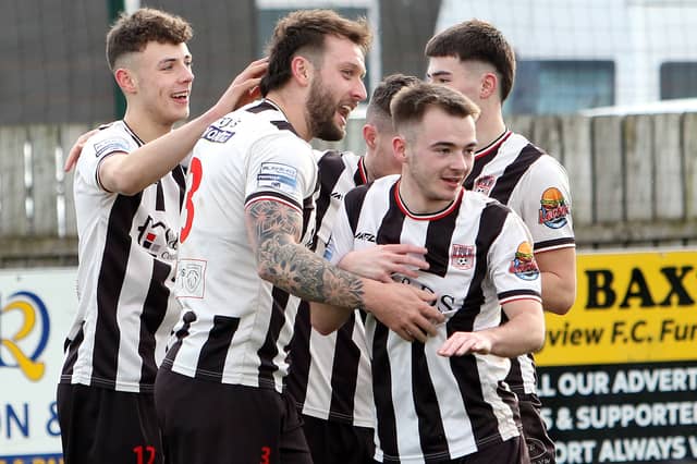 Dergview defender, Lee Warnock, scored in the National League Cup semi-final against Rosario. AN104426