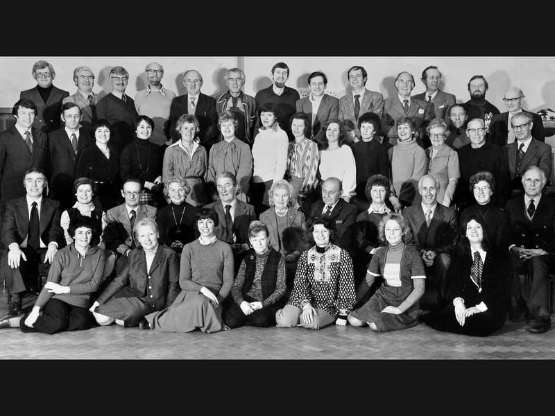 Members of the Shrewsbury Amateur Operatic Society gather for an ensemble cast photograph during rehearsals in 1979. Can you spot a relative, friend, or familiar face among the society members lined up here? Did you ever tread the boards with the group or sit in the audience watching one of their grand musical productions that year?
