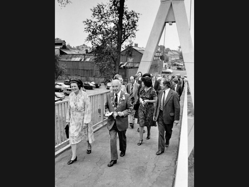 Wearing his chain of office, Shrewsbury and Atcham mayor Councillor Bernard Lingen and the mayoress lead civic guests across the newly completed Frankwell footbridge on July 6, 1979, following the formal opening ceremony over the River Severn. Do you remember when the footbridge first opened and how much easier it made walking into town from Frankwell? How many times have you strolled across that very bridge over the years?
