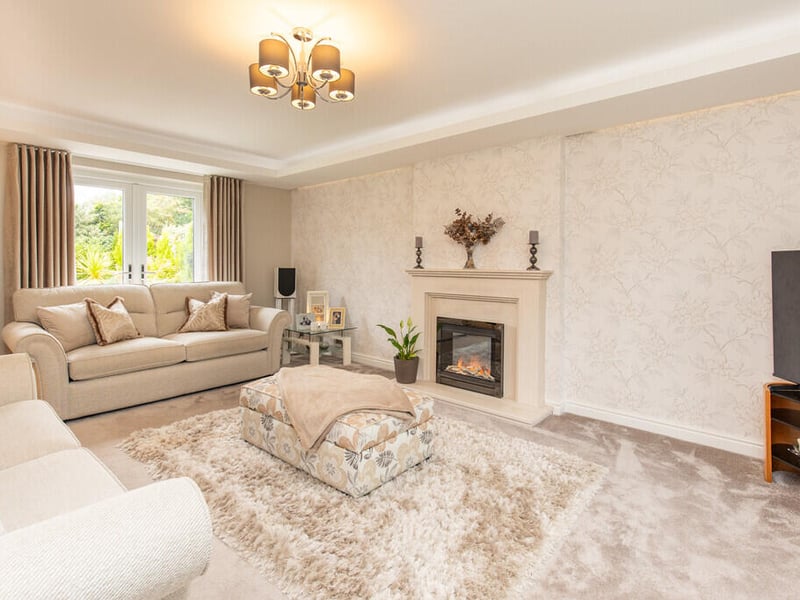 A better look at the living room's grand fireplace