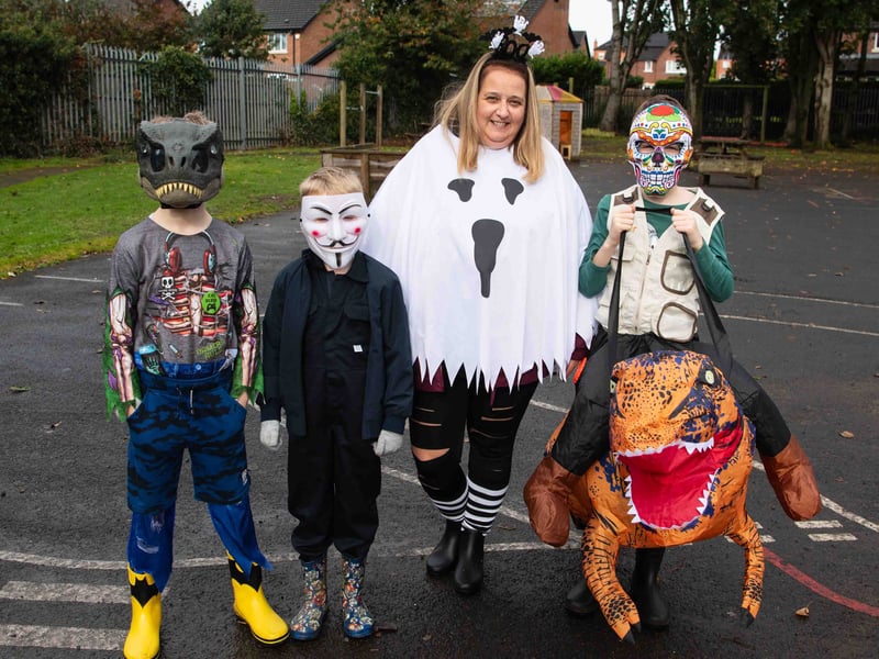 Time for a quick photo before taking on the spooky Halloween trail and pumpkin patch.