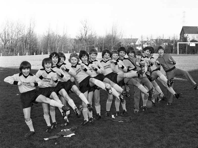 Nether Currie primary school football team's players putting their best foot forward in January 1980.