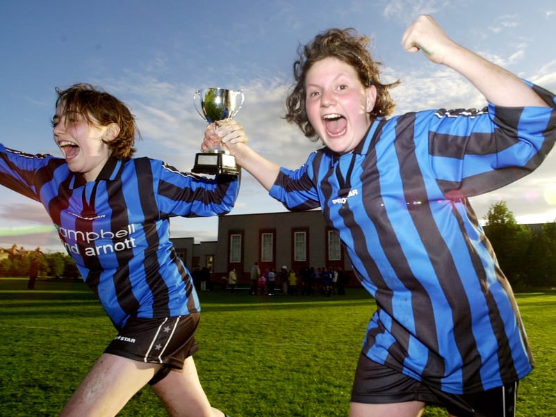 Bruntsfield Primary pupils celebrate winning the Edinburgh Primary Schools Cup final against Pirniefield in 2002.