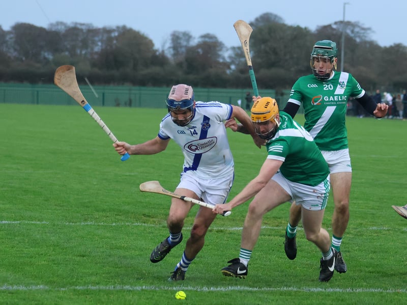 Michael Lane, Bruree and Liam Molyneaux, Knockaderry clashing during the Intermediate Hurling Final