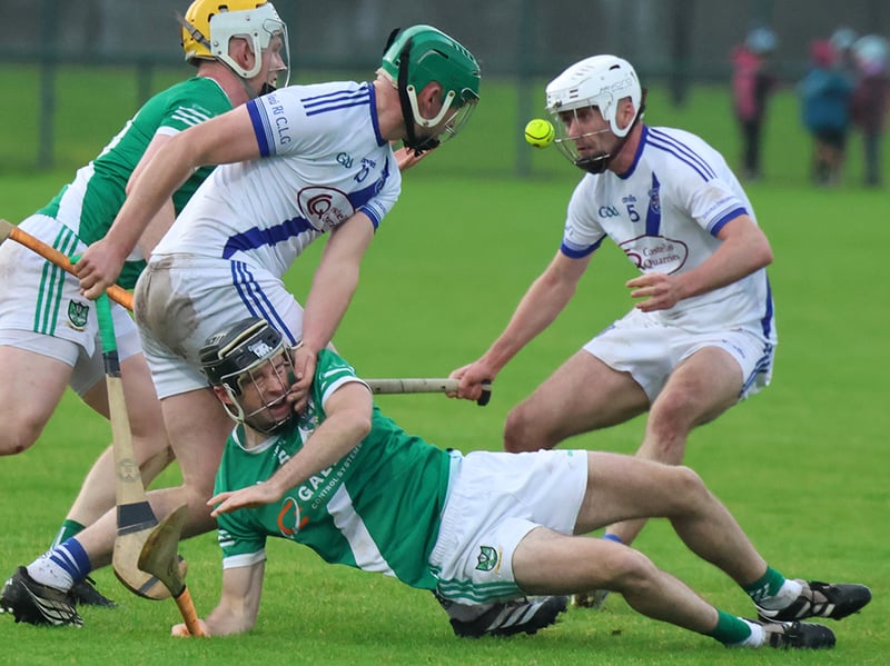 Sam Williams and Cian McDonagh, Bruree clashing with Jack Molloy, Knockaderry