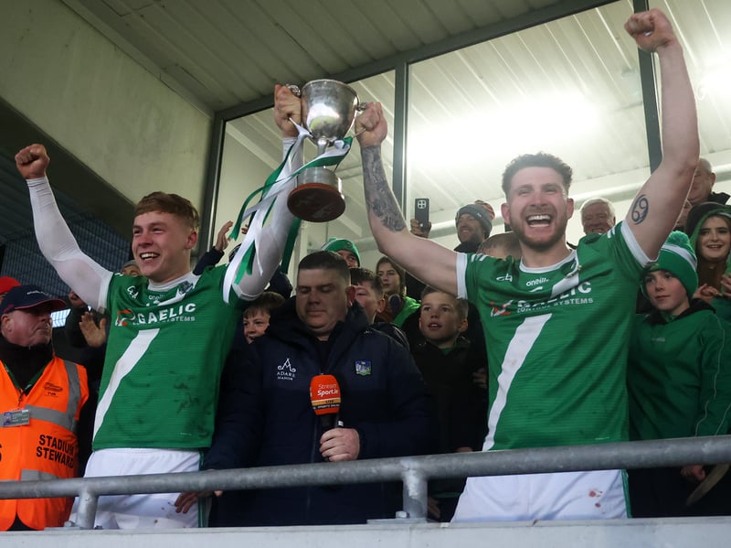 Enda Moran and Liam Molyneaux, joint captains of Knockaderry celebrating winning the Intermediate Hurling  Final 