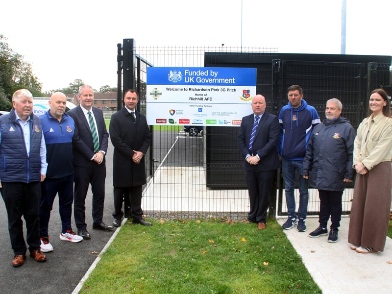 Richhill AFC offically opened it's Richardson Park 3G pitch. At the event is (l/r) Jackie McCoo, Club Vice-Chairman, Colin Pinkerton, Head of Youth,  Maurice Johnston, Vice-Chairman of Mid Ulster Football League Committee, David Morrow, Second Deputy President IFA , Neil Megaw, Club Chairman, Gary McCoo, Club Committee, Paul Nellins, Club Committee and Maura Denny, Facilities Investment Manager IFA. ND264111