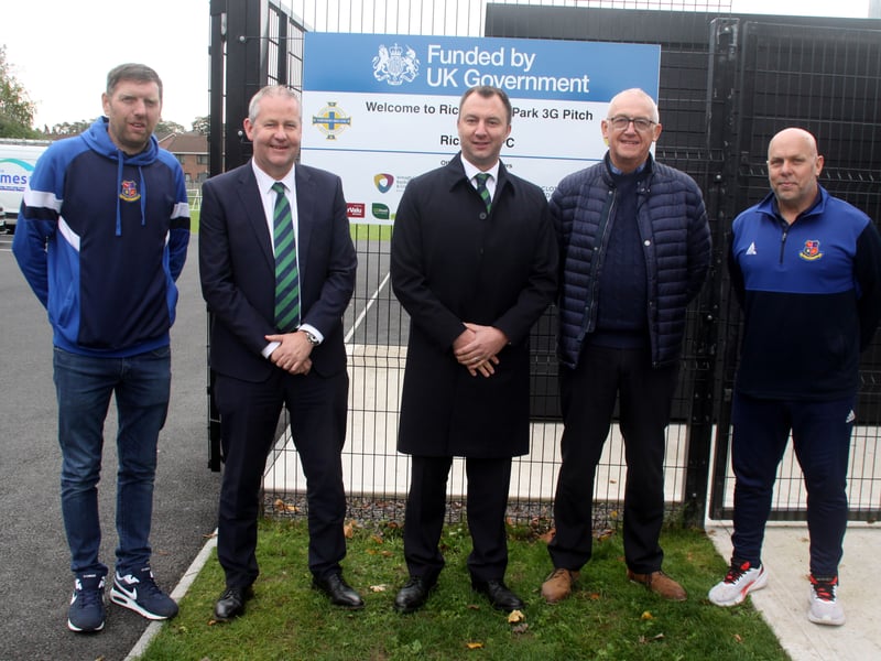 (l/r) Gary McCoo, club committee member, Maurice Johnston, Deputy Chairman of the Mid Ulster Football League Committee, David Morrow, Second Deputy President IFA, Peter Smyth of Community Finance Ireland and Colin Pinkerton, Head of Richhill AFC Youth. ND264121