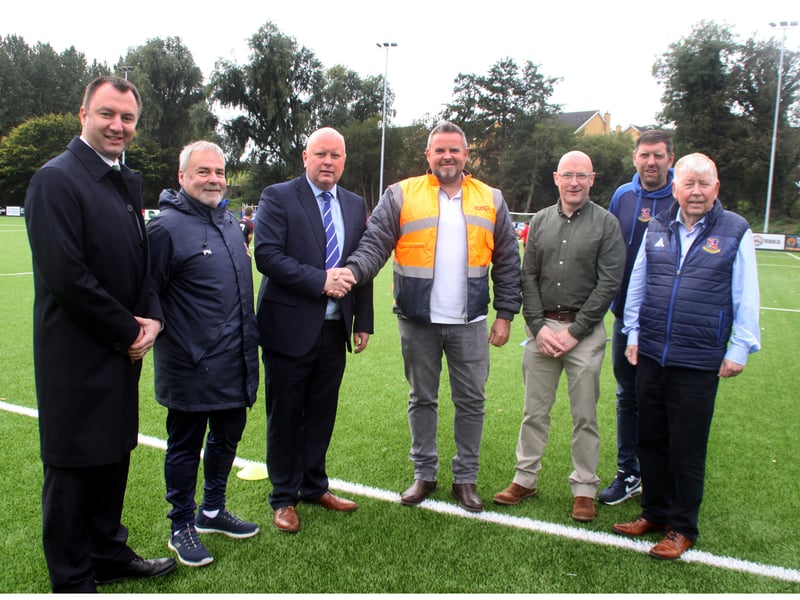Pictured at the opening of Richardson Park is (l/r) David Morrow, Second Deputy President IFA, Paul Nellins, Club Committee member, Club Chairman Neil Megaw, Clive Richardson, Contractor, Colin Linsey Chartered Architect LTD, Gary McCoo, Club Committee member and Jackie McCoo, Club Vice Chairman. ND264115