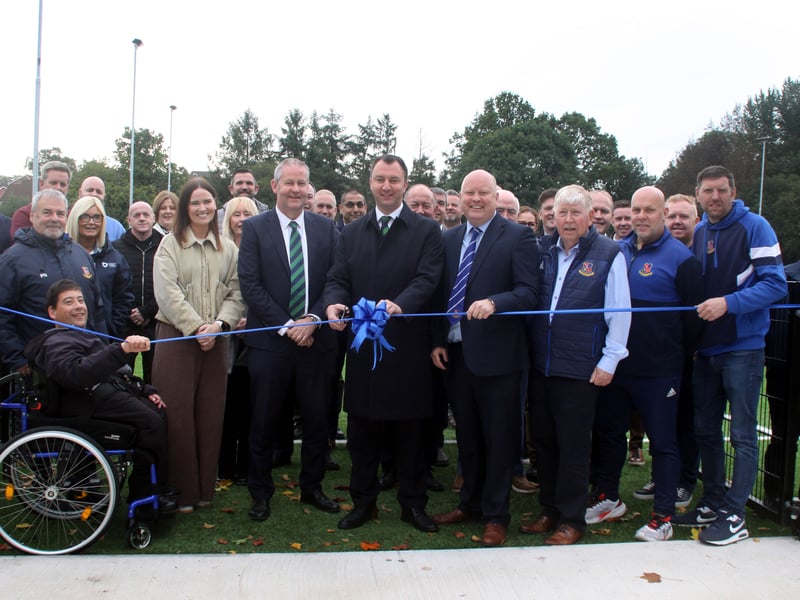 David Morrow, Second Deputy President Irish Football Association cuts the ribbon at Richardson Park along with Club members, Sponsors and guests in attendance. ND264110