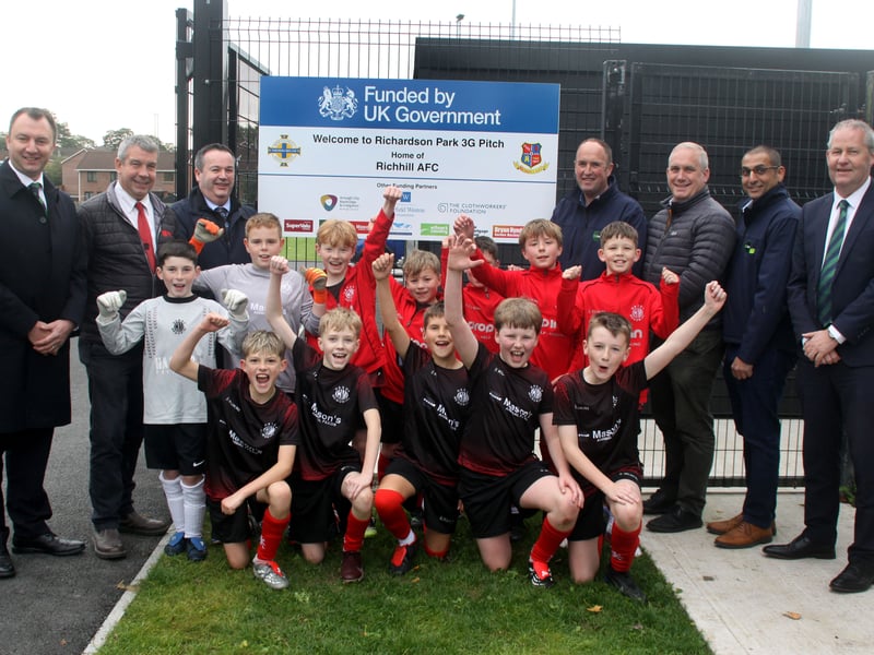 Richardson Park offically opened on Thursday 8th October with cheers of delight from the footballers of Hardy Memorial Primary School. Also pictured are local sponsors who helped get the project over the line. Colin Purdy of Masons Animal Feeds, Philip Kerr of Mortgage Shop Portadown, William Gilpin and Wiliam Guindi of Gilfresh and Philip Woods of Supervalu. With them is special guests, David Morrow, Second Deputy President IFA and Maurice Johnston, Vice-Chairman of Mid Ulster Football League Committee. ND264112