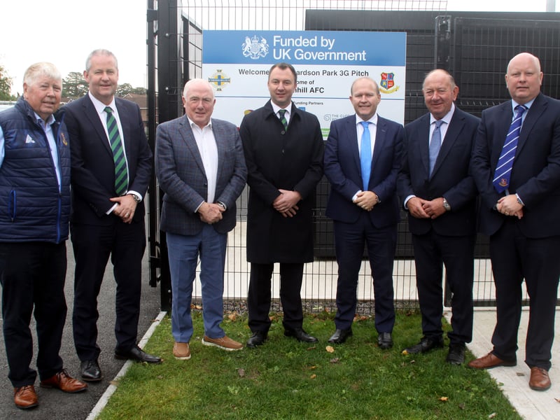 (l/) Jackie McCoo, Vice Chairman, Maurice Johnston, Vice Chairman of the Mid Ulster Footbal League Committee, Jim Speers MBE, David Morrow, Second Deputy President of IFA, Gareth Wilson MLA, William Irwin retired MLA and Neil Megaw, Club Chairman. ND264122