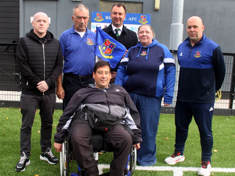 David Morrow, Second Deputy President IFA with Richhill AFC Firsts Manager, Marty Rice, Colin Pinkerton, Richhill AFC Head of Youth and volunteers at the club, Gary Crozier, Kenny Richardson and Jayne Garrie. ND264114