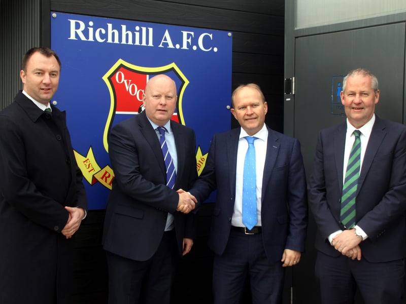 David Morrow, Second Deputy President IFA, Club Chairman, Neil Megaw, Gareth Wilson MLA and Maurice Johnston, Deputy Chairman of the Mid Ulster Football League Committee at the opening of Richardson Park, Richhill. ND264116