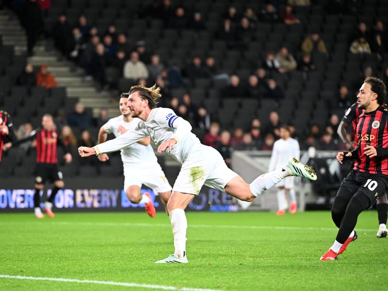 A header to remember for the skipper as he made it 50 MK Dons goals, having also teed one up for Collins in the first-half