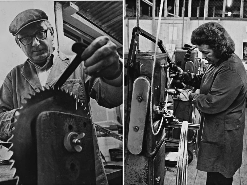 Skilled saw "doctors" Stanley Matthews and Dorothy Poole demonstrate their specialist craft at the Spear & Jackson factory in Cannock in January 1976. Servicing more than 1,000 industrial blades a week for customers right across Britain, factory workers spent up to five years mastering the intricate trade—with Mr Matthews focusing on sharpening circular blades and Mrs Poole expertly setting narrow band saws. Did you ever work at the Spear & Jackson works or train in the specialist saw trade in Cannock during the 1970s?