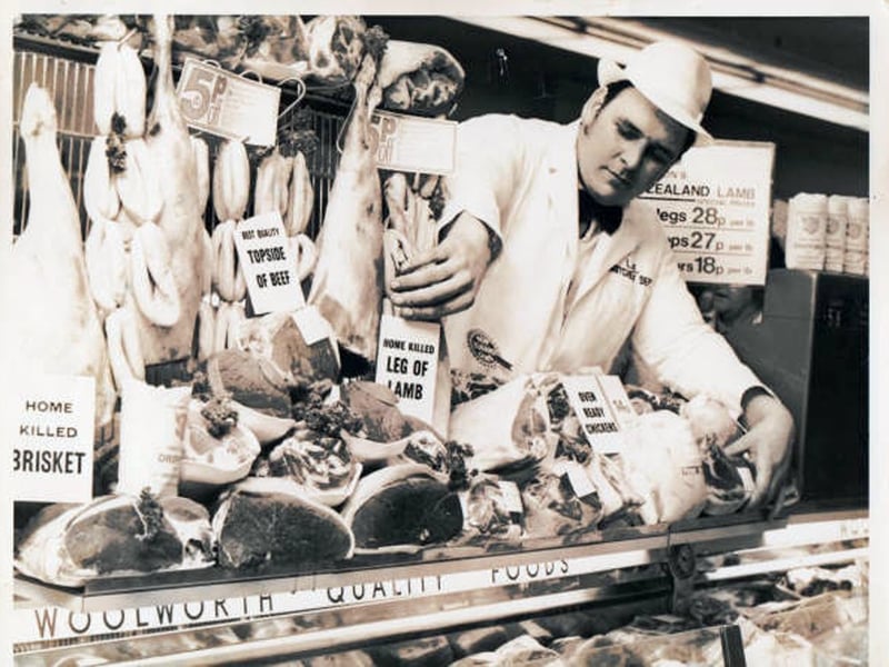This photograph from the early 1970s shows Steve Boyd from Lancaster when he was the butchery manager for Louis/Lewis Edwards within the Woolworths store.
