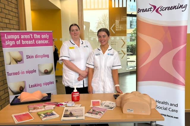 Emma and Ciara from the Western Trust Breast Team are pictured at an information stand at Altnagelvin Hospital this week to support Breast Cancer Awareness Month.