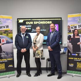 Davy Jackson, Chair of Road Safe NI Charity, Paula Mahoney, Marketing Director at CRASH Services, and Stevie Dickson, Presenter.