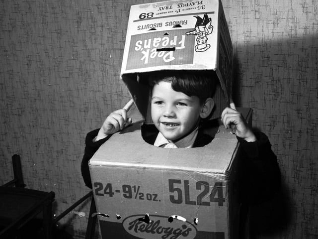 Michael Haughian, Hoseason Gardens, Clermiston Edinburgh, dressed up in cardboard boxes as a Dalek to go guising.